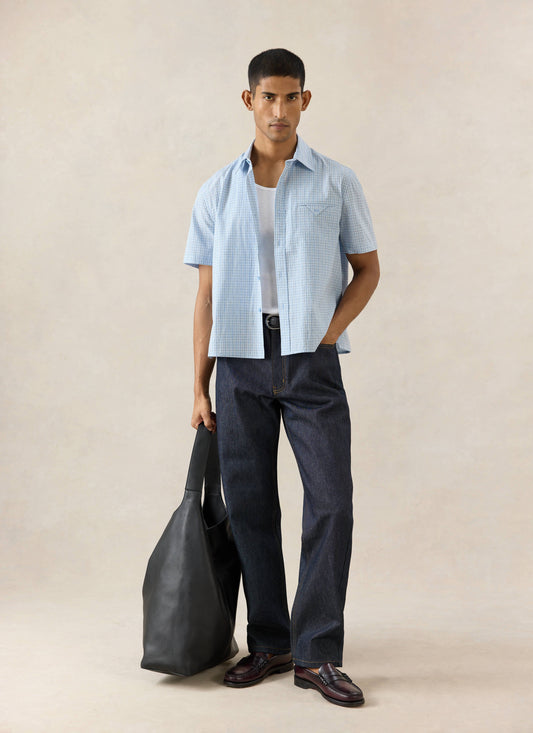 Men's Boxy Short Sleeve Shirt - Cotton - Blue Check | Percival