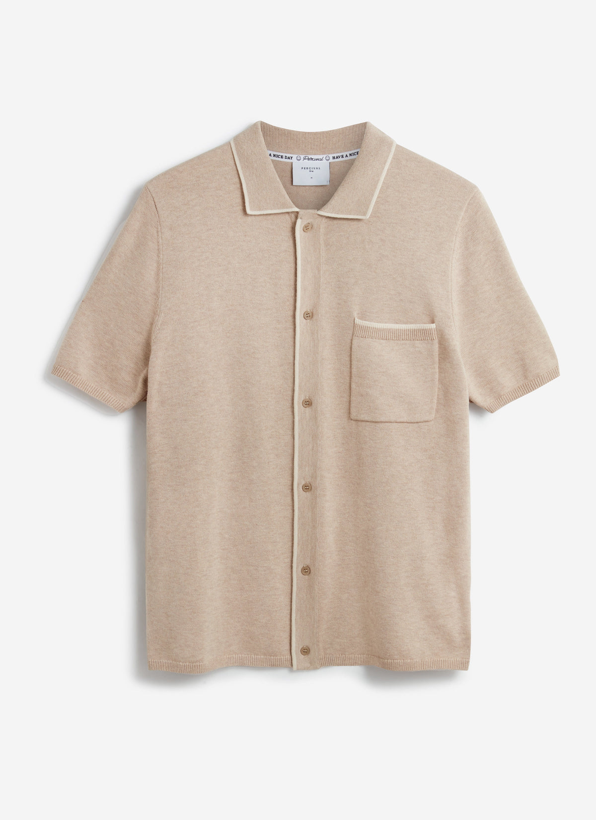 Men's Contrast Trim Knitted Shirt - Cotton - Beige | Percival