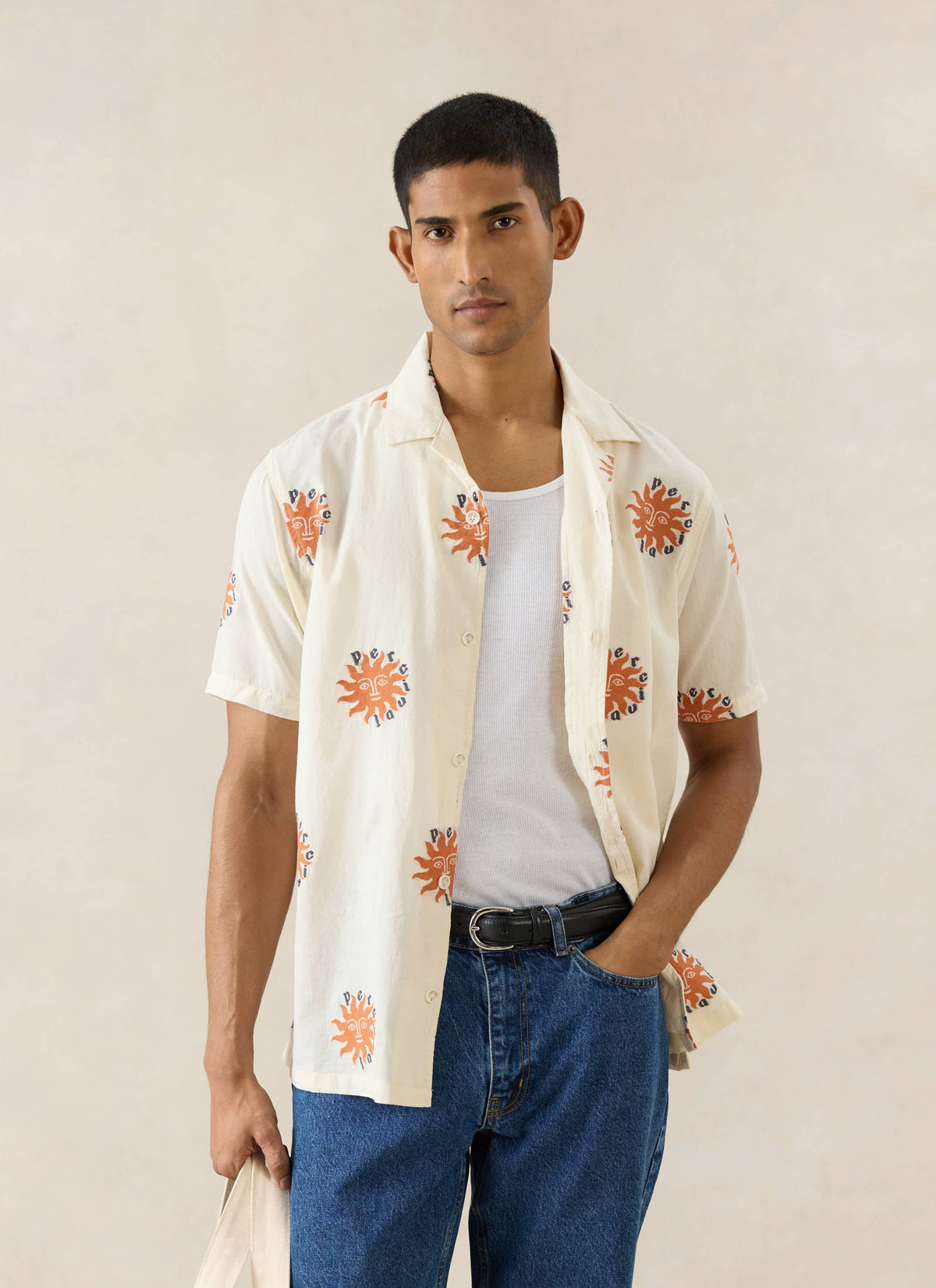 Men's Sun Cuban Shirt - Cream and Orange - 100% Cotton | Percival