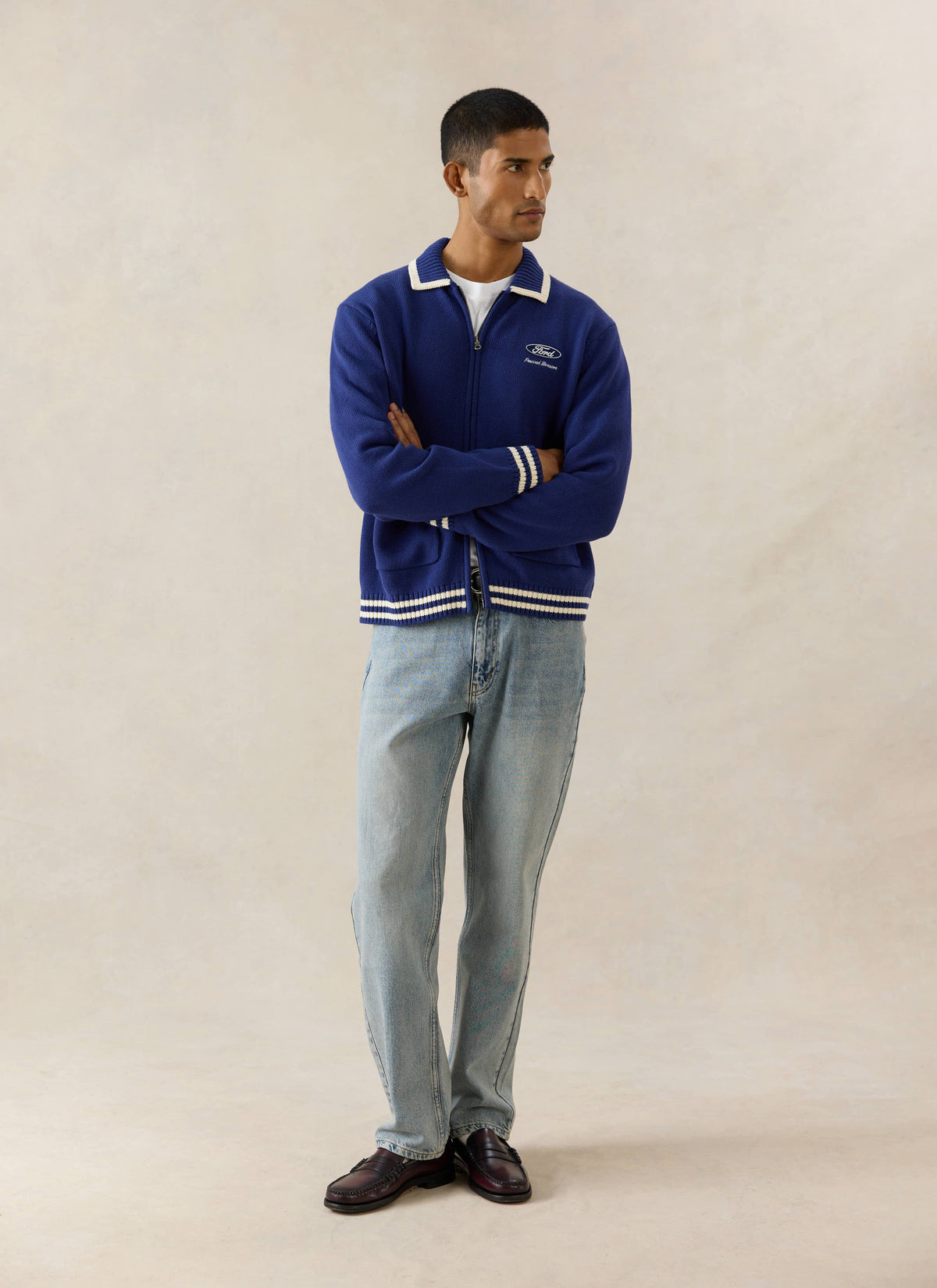 Men's Embroidered Zip Cardigan - Ford x Percival - Blue - Cotton | Percival