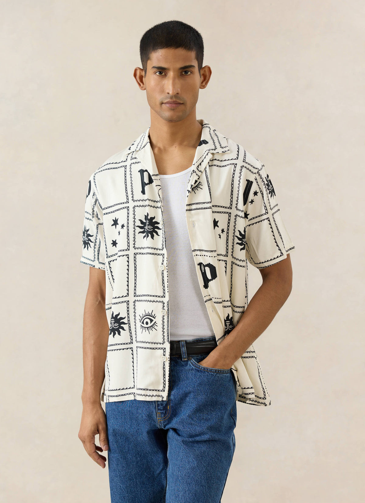 Men's Lunar Panel Cuban Shirt, Short Sleeve - Cream Viscose | Percival