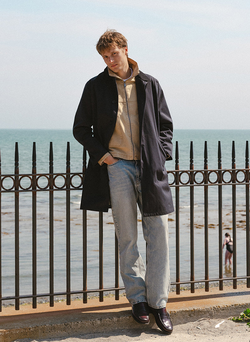 Men's Black Waterproof Long Trench Coat - Cord Collar | Percival
