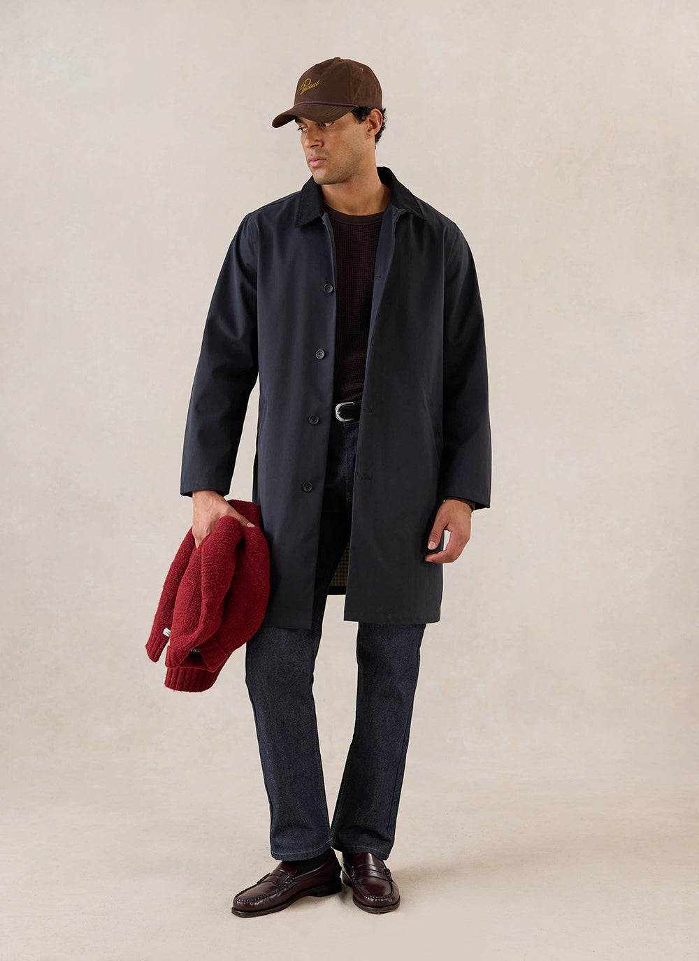 Men's Black Waterproof Long Trench Coat - Cord Collar | Percival