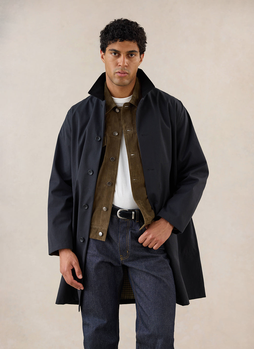 Men's Black Waterproof Long Trench Coat - Cord Collar | Percival