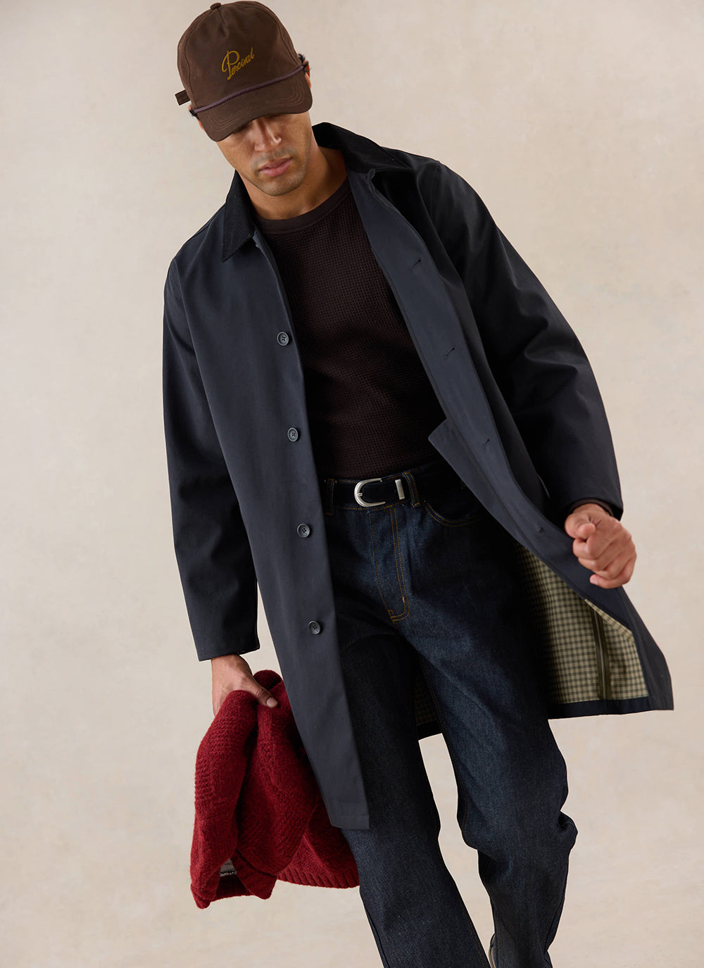 Men's Black Waterproof Long Trench Coat - Cord Collar | Percival