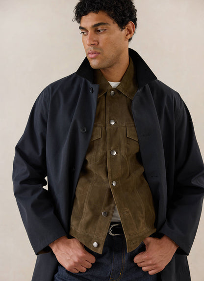 Men's Black Waterproof Long Trench Coat - Cord Collar | Percival