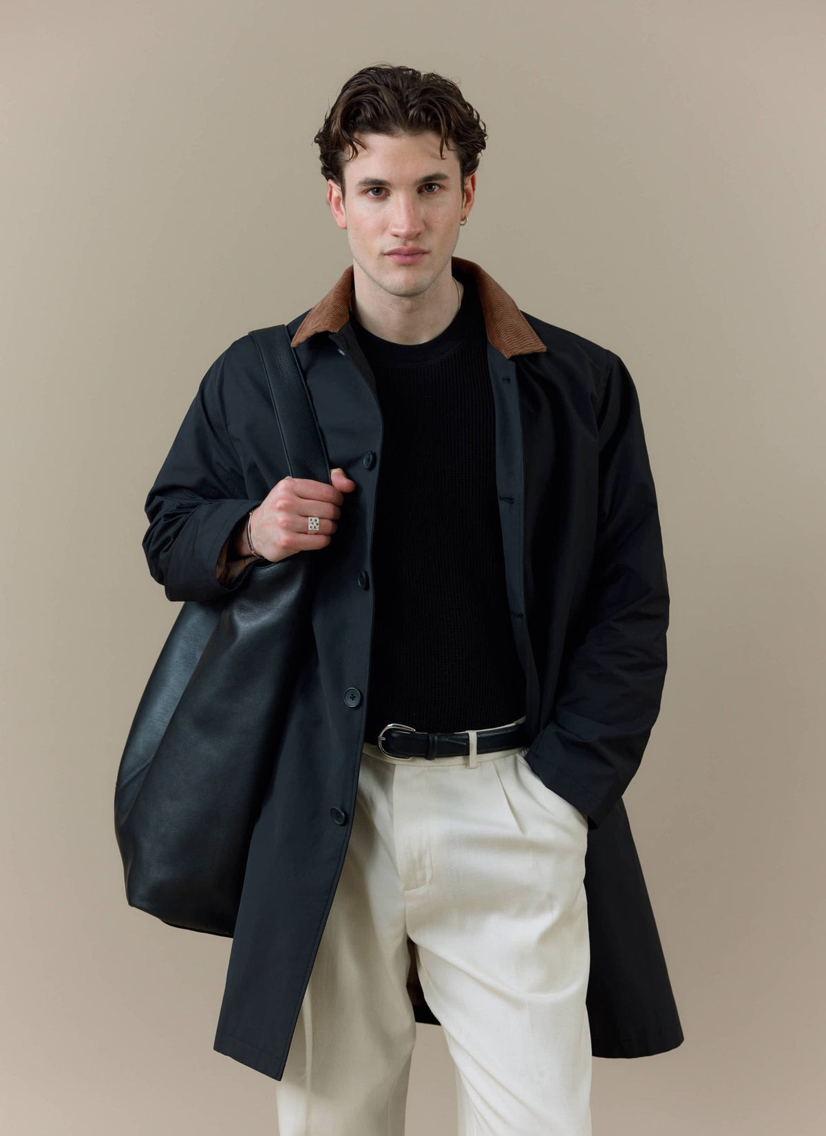 Men's Black Trench Coat - Cord Collar - Cotton | Percival