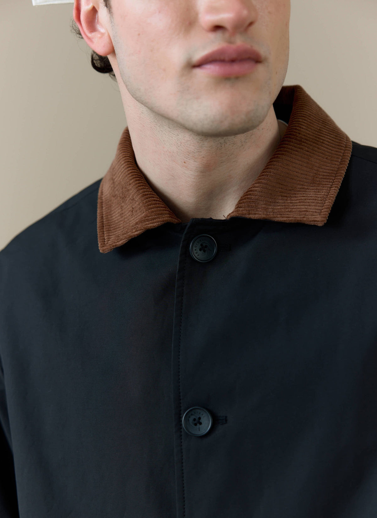 Men's Black Trench Coat - Cord Collar - Cotton | Percival