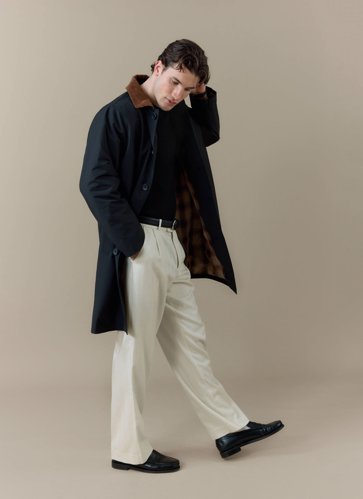 Men's Black Trench Coat - Cord Collar - Cotton | Percival