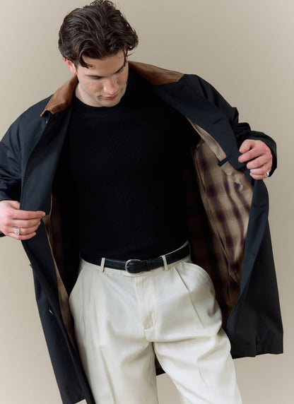 Men's Black Trench Coat - Cord Collar - Cotton | Percival