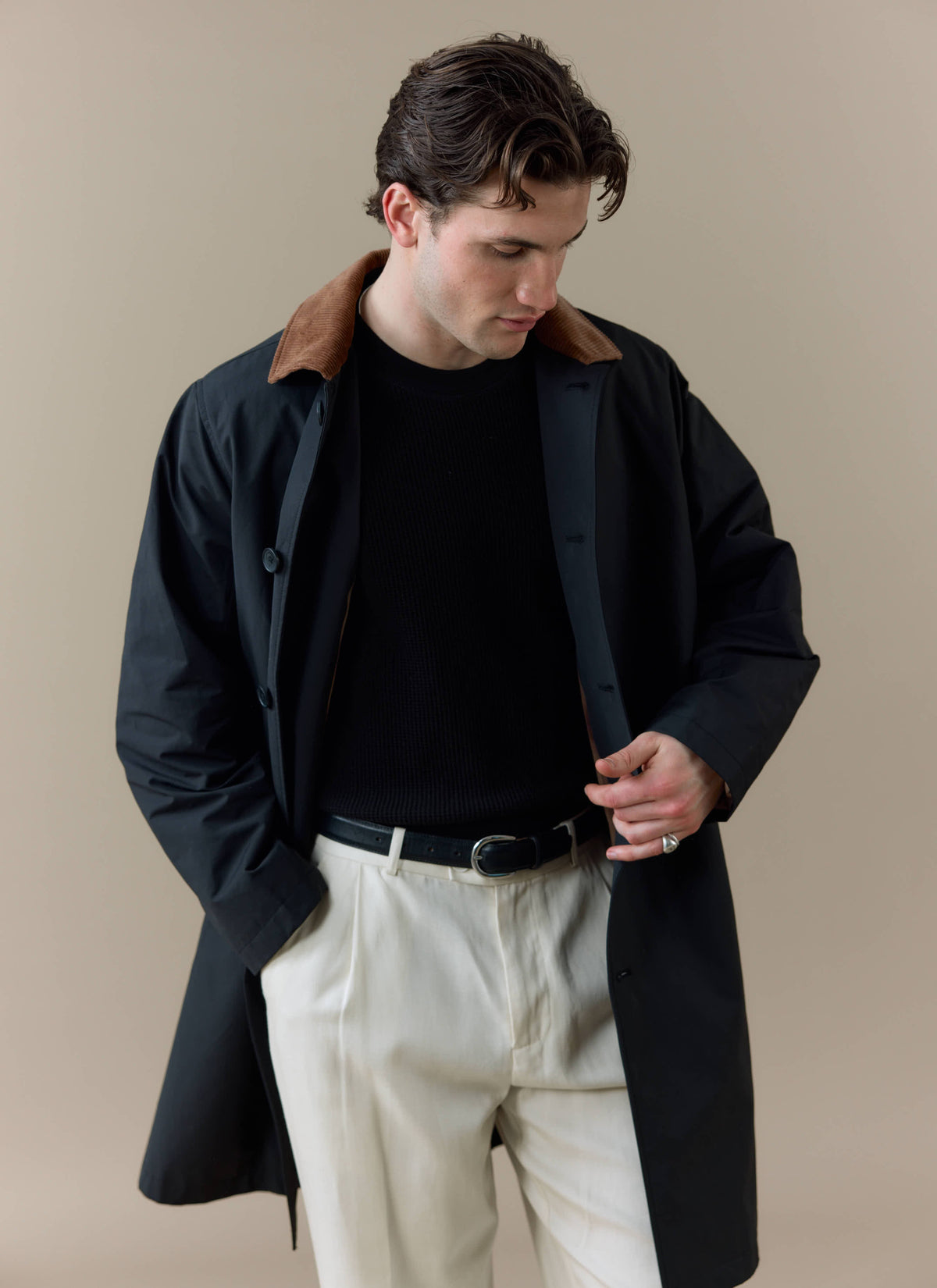 Men's Black Trench Coat - Cord Collar - Cotton | Percival