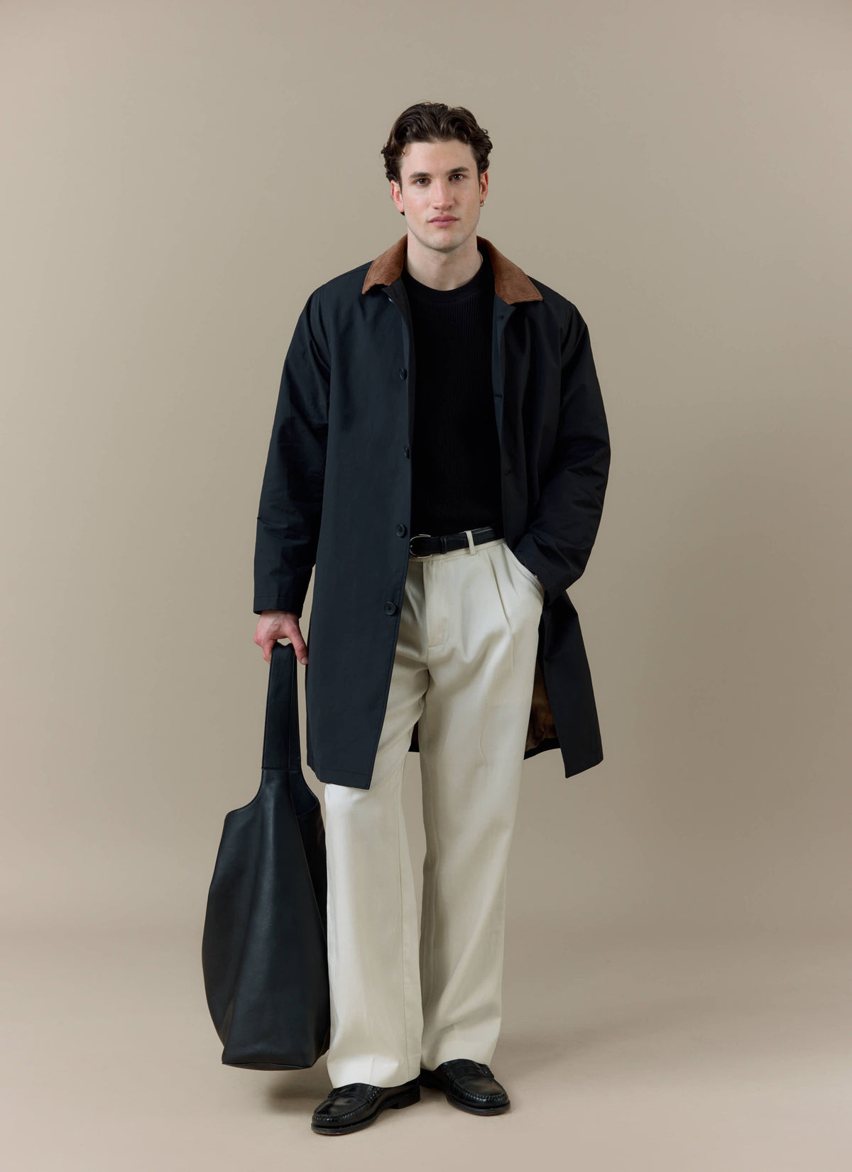 Men's Black Trench Coat - Cord Collar - Cotton | Percival
