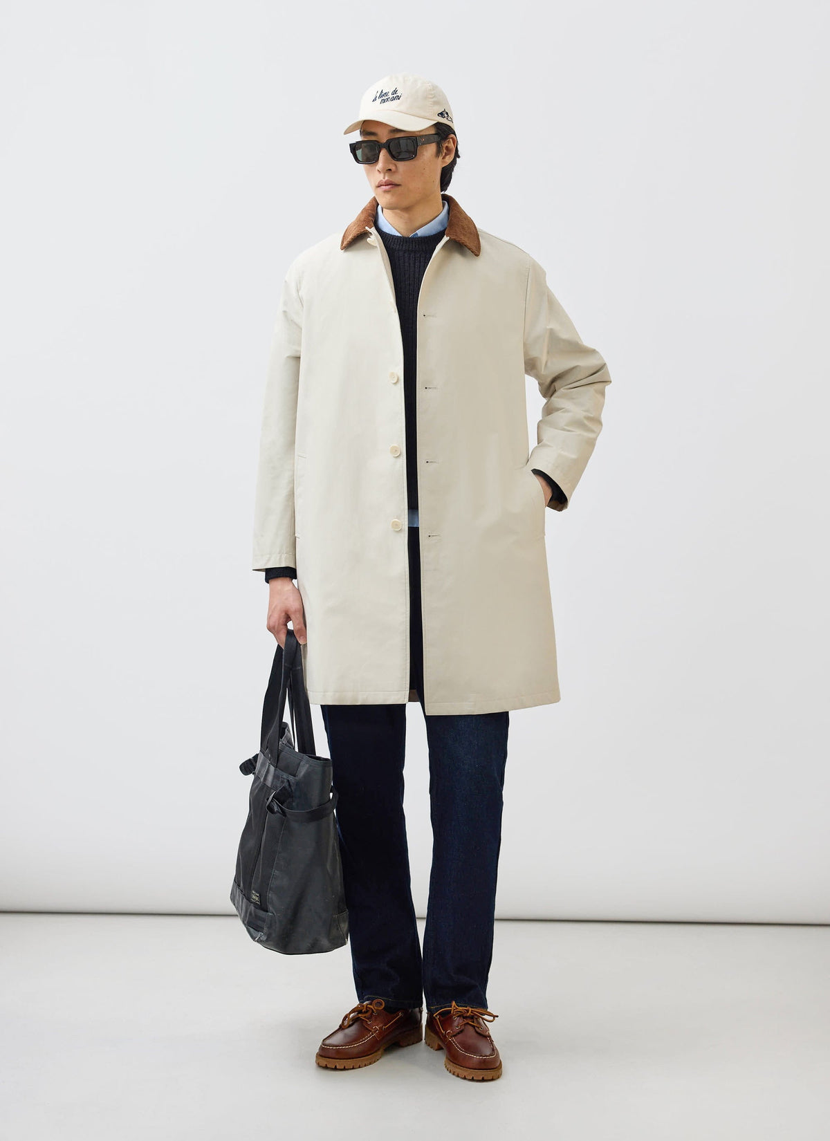 Men's Contrast Collar Long Trench Coat - Cotton - Cream | Percival