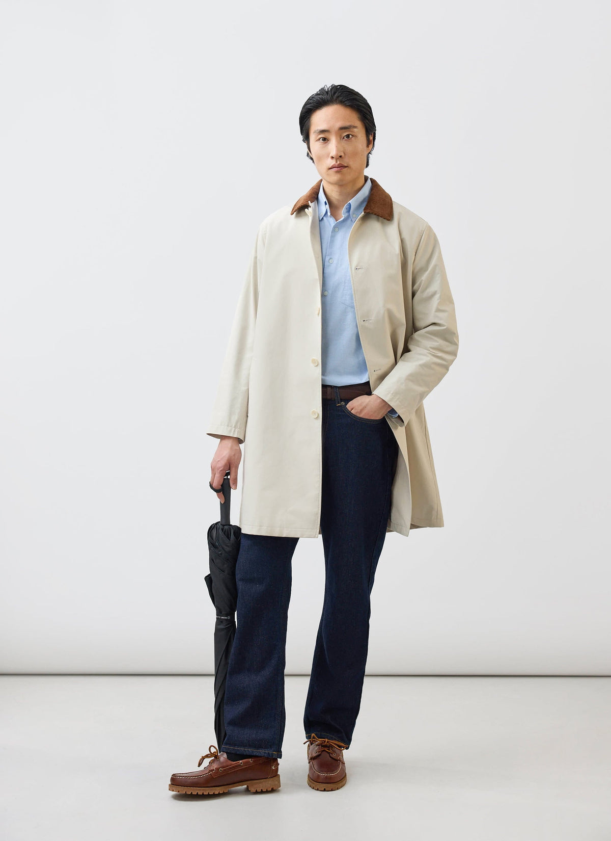 Men's Contrast Collar Long Trench Coat - Cotton - Cream | Percival