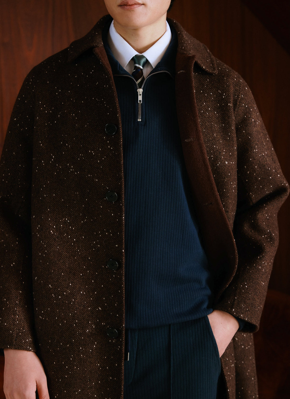 Men's Long Overcoat - Minnesota - Brown Fleck Twill | Percival