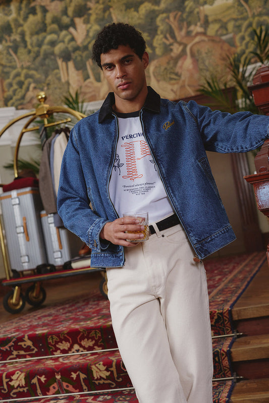 Men's Denim Zip Jacket - Mackey - Mid Wash Blue - Cotton | Percival