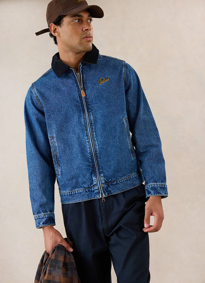 Men's Denim Zip Jacket - Mackey - Mid Wash Blue - Cotton | Percival