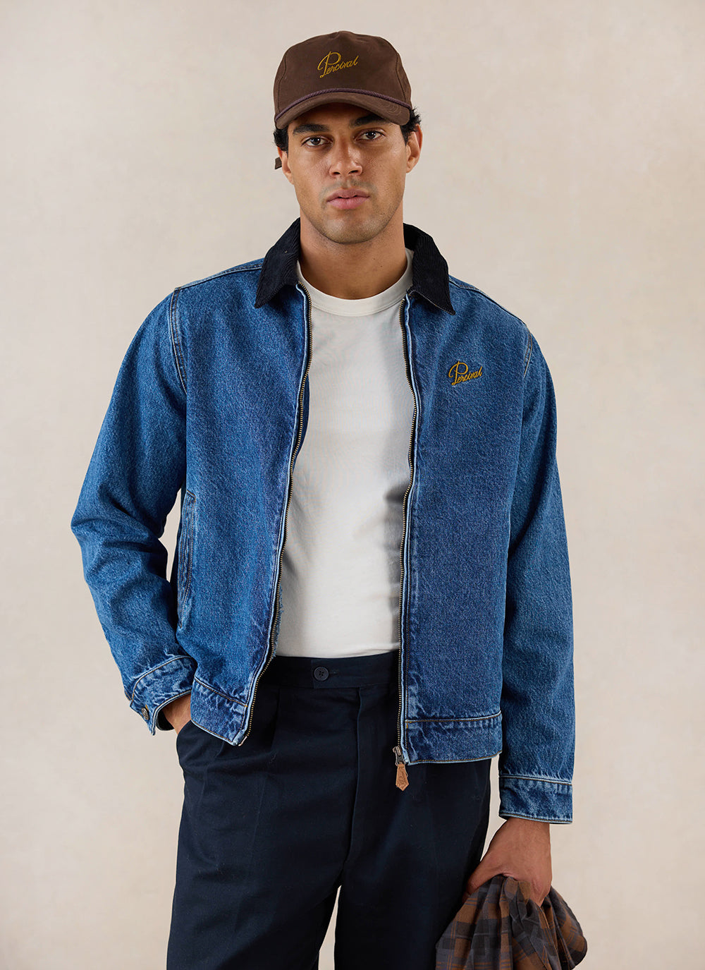 Men's Denim Zip Jacket - Mackey - Mid Wash Blue - Cotton | Percival