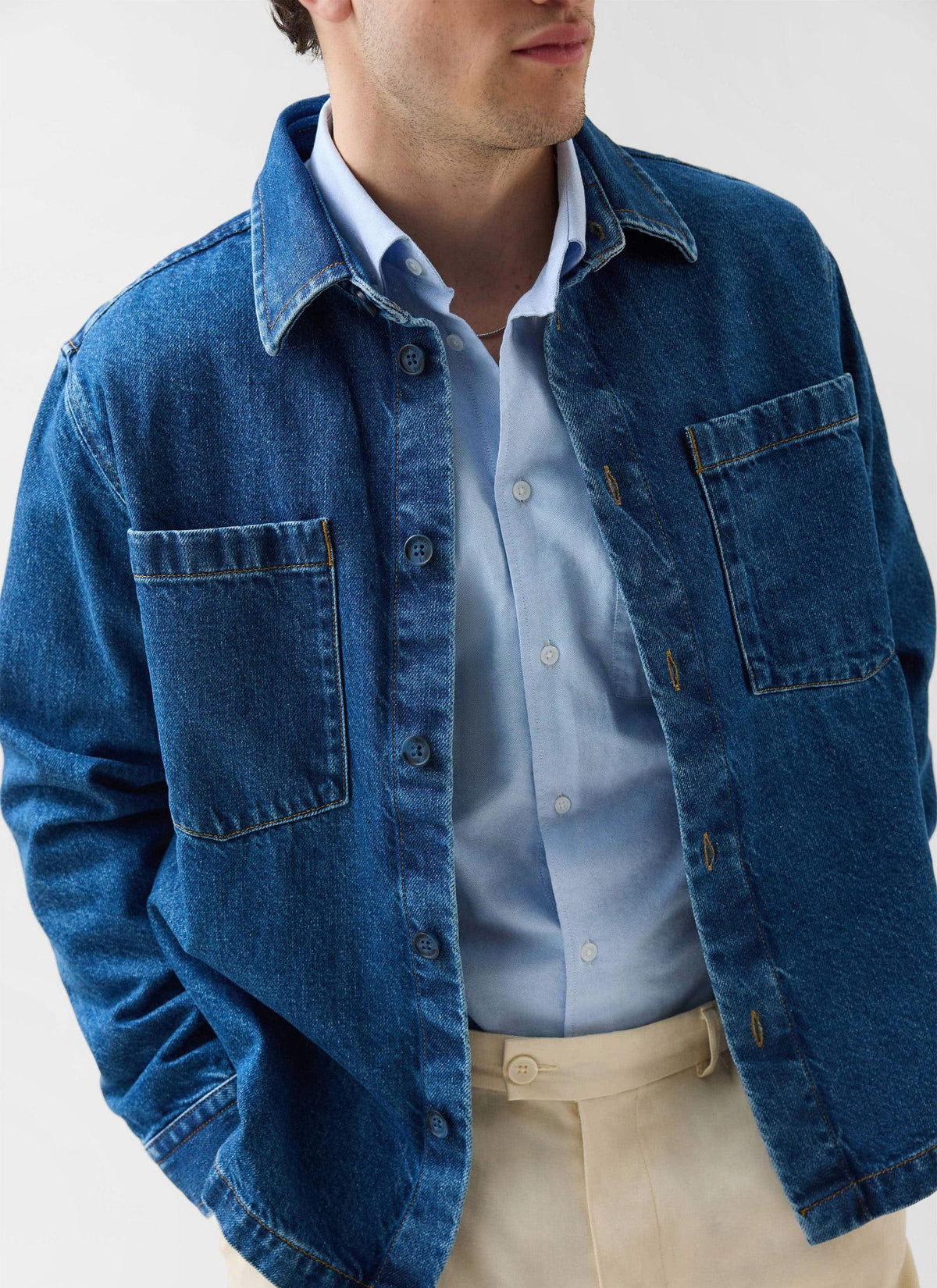 Men's Denim Overshirt - Cotton - Mid Wash Blue | Percival