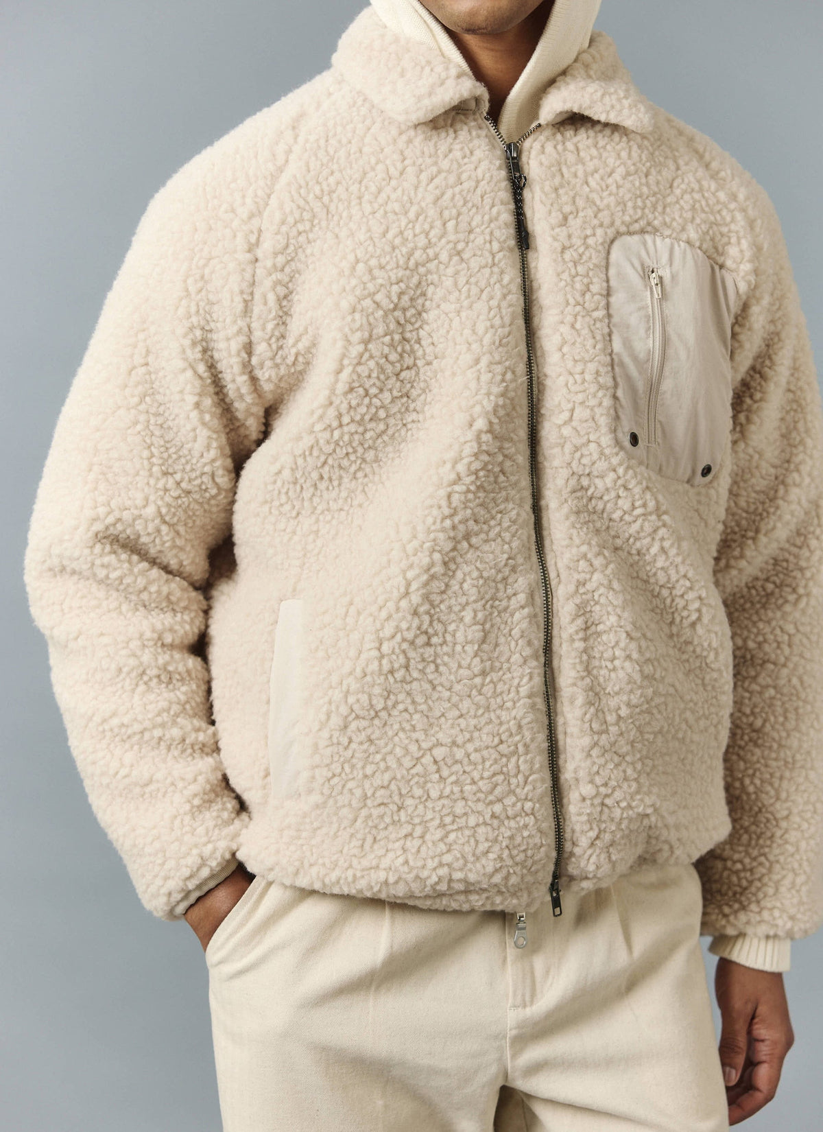 Men’s Full Zip Fleece Jacket - Wool - Ecru Cream | Percival