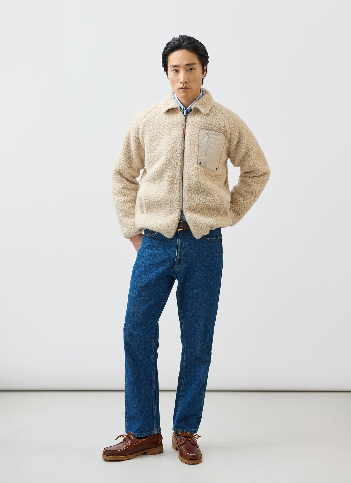 Men’s Full Zip Fleece Jacket - Wool - Ecru Cream | Percival