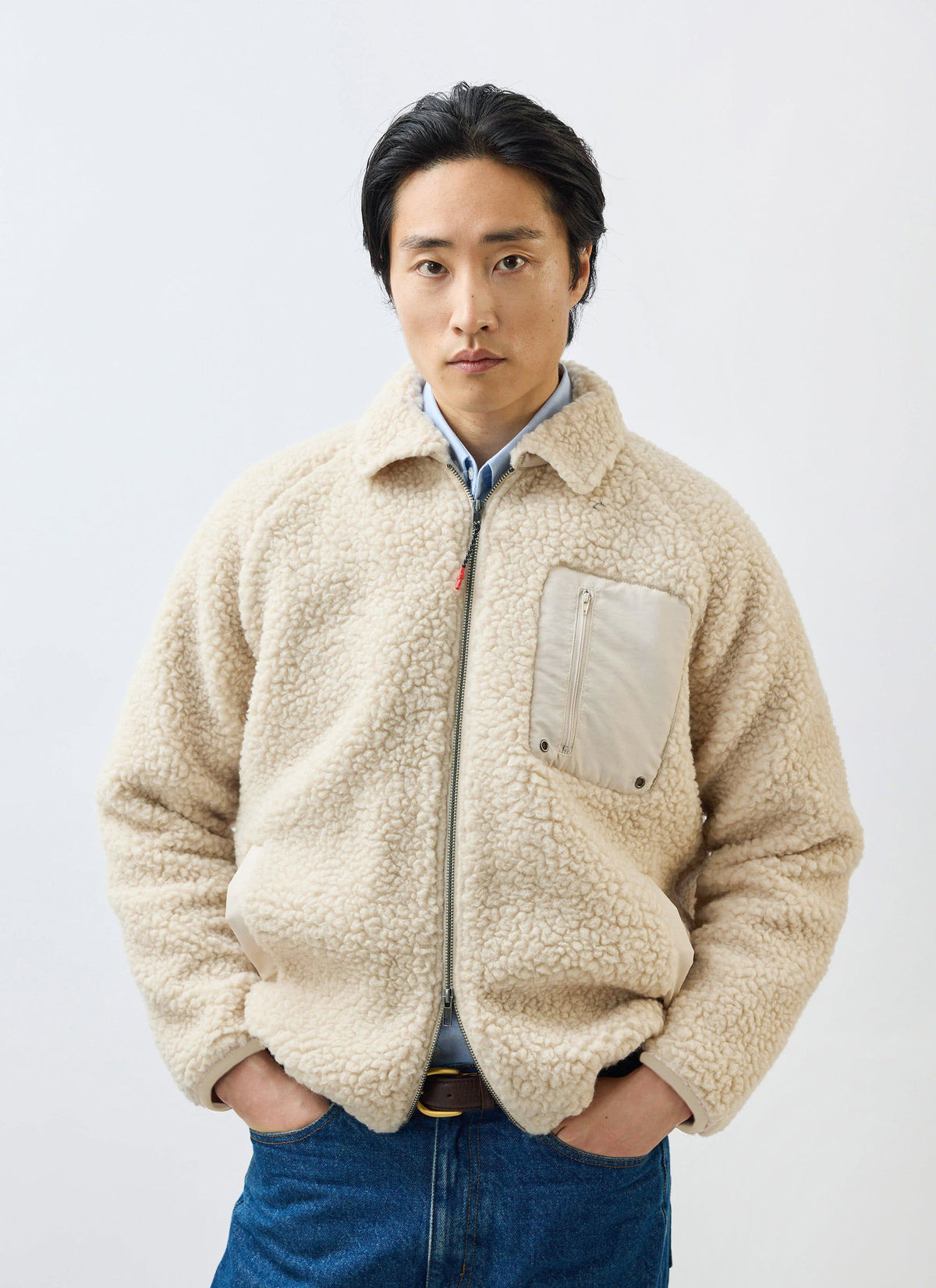Men’s Full Zip Fleece Jacket - Wool - Ecru Cream | Percival