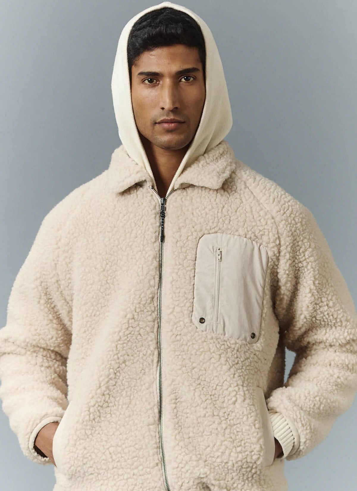 Men’s Full Zip Fleece Jacket - Wool - Ecru Cream | Percival