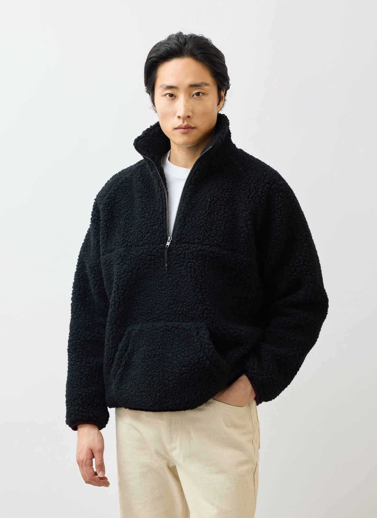 Men’s Fleece Jacket - Quarter Zip Pullover - Wool - Black | Percival