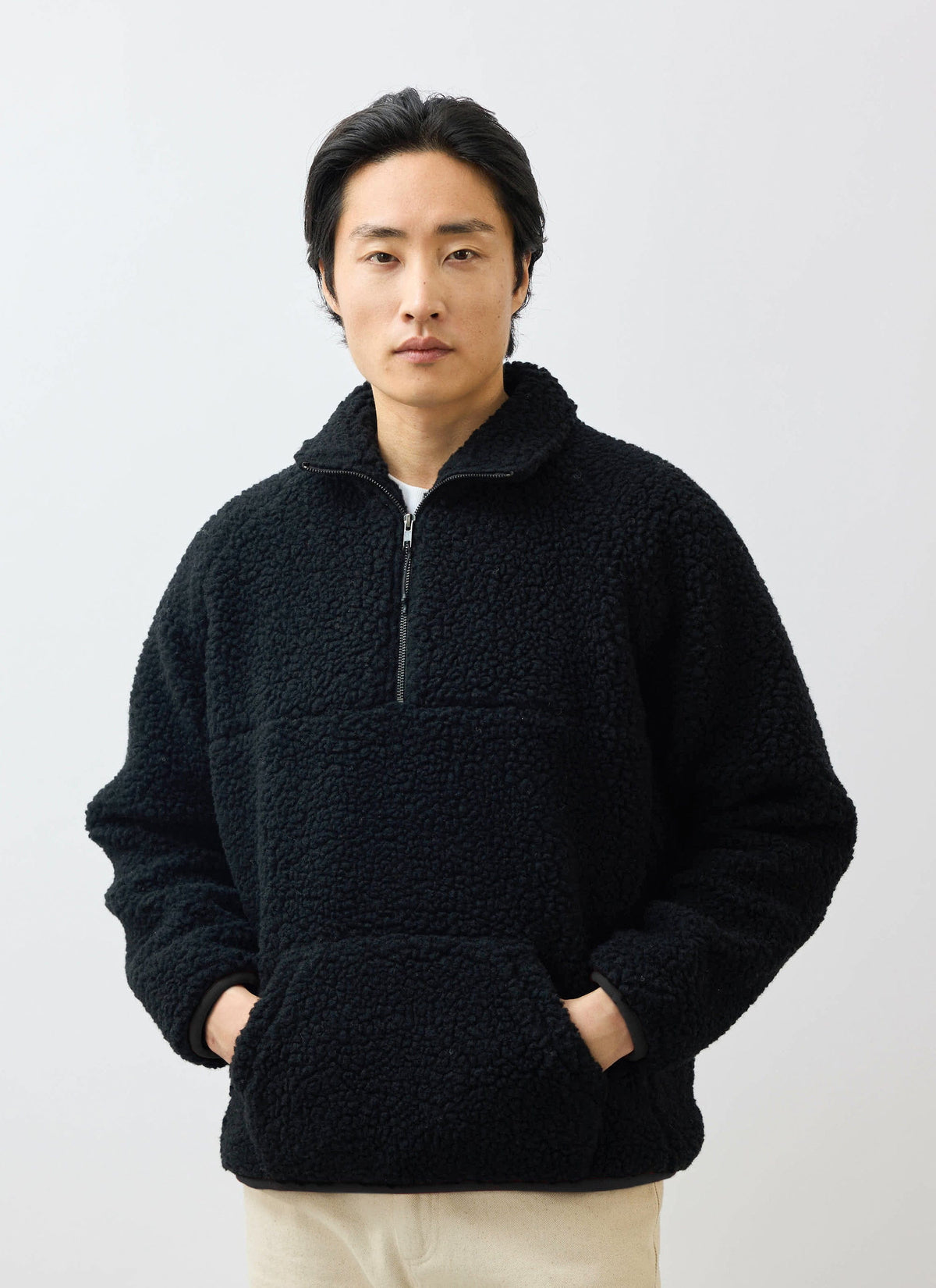 Men’s Fleece Jacket - Quarter Zip Pullover - Wool - Black | Percival