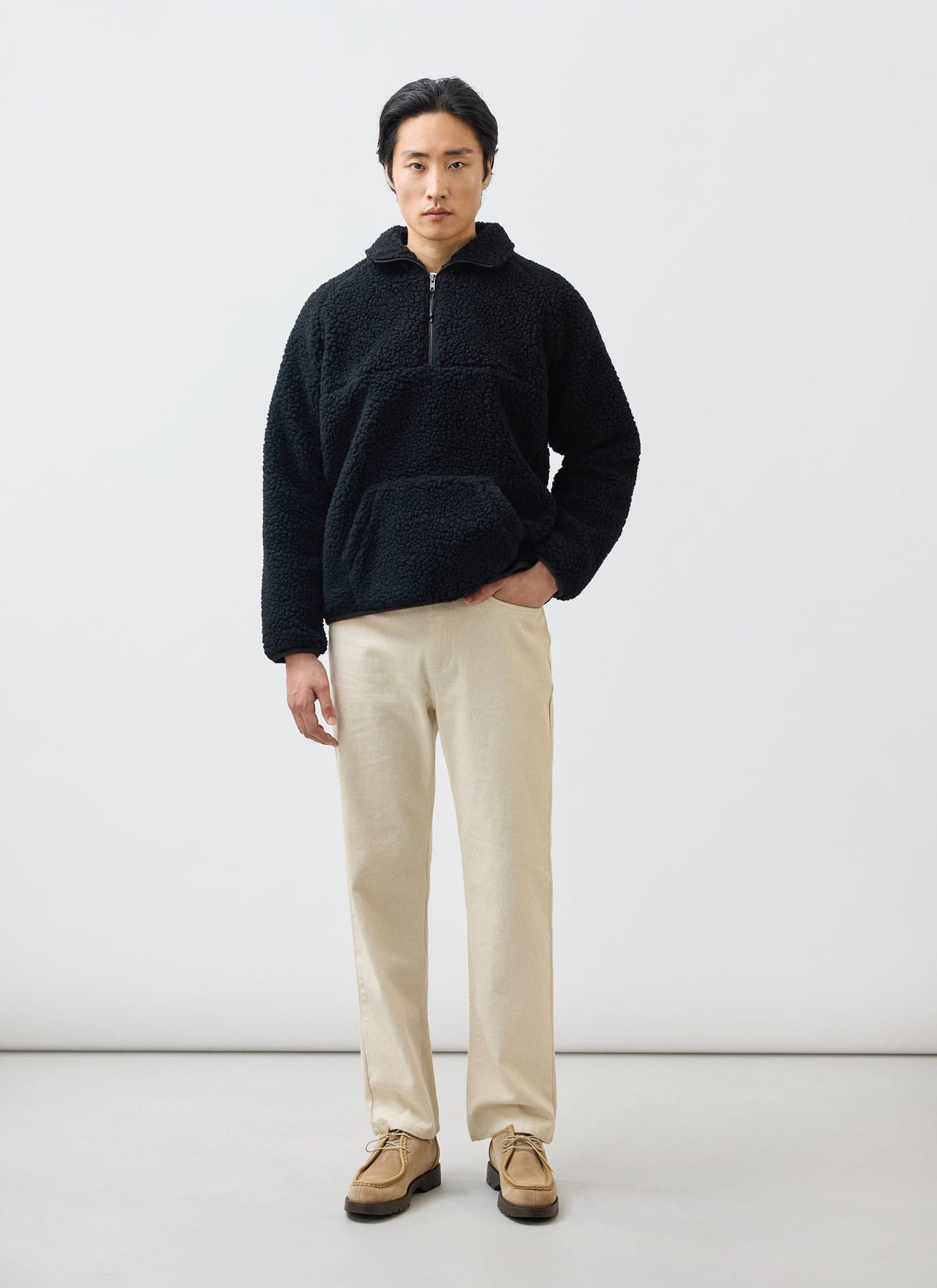 Men’s Fleece Jacket - Quarter Zip Pullover - Wool - Black | Percival