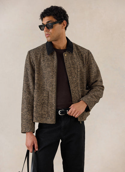 Men's Cropped Jacket - Herringbone Wool - Brown | Percival
