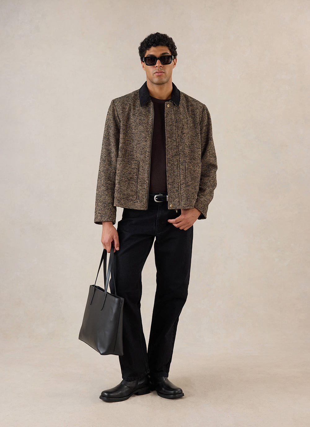 Men's Cropped Jacket - Herringbone Wool - Brown | Percival