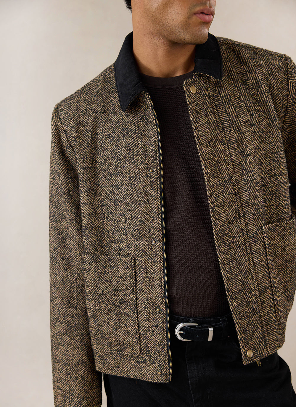 Men's Cropped Jacket - Herringbone Wool - Brown | Percival