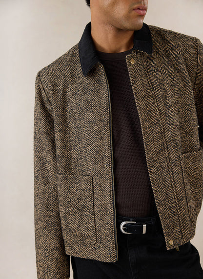 Men's Cropped Jacket - Herringbone Wool - Brown | Percival