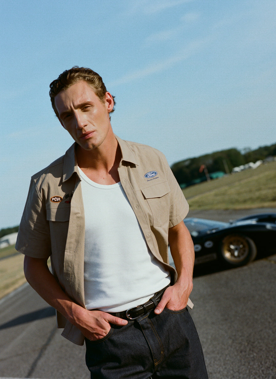 Men's Embroidered Mechanic Shirt - Cotton - Beige - Ford x Percival | Percival