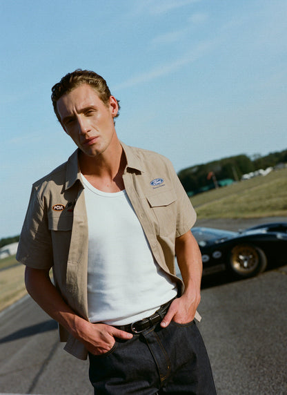 Men's Embroidered Mechanic Shirt - Cotton - Beige - Ford x Percival | Percival