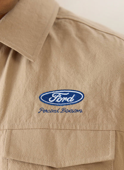 Men's Embroidered Mechanic Shirt - Cotton - Beige - Ford x Percival | Percival