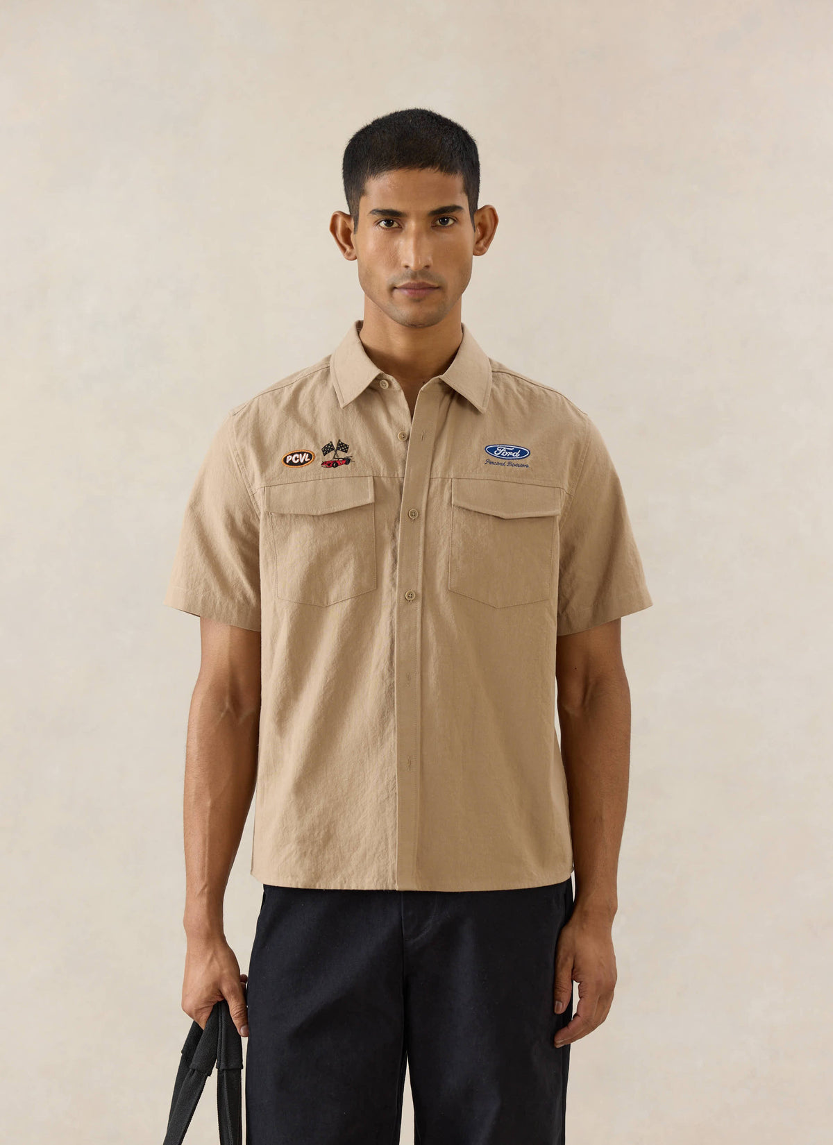 Men's Embroidered Mechanic Shirt - Cotton - Beige - Ford x Percival | Percival