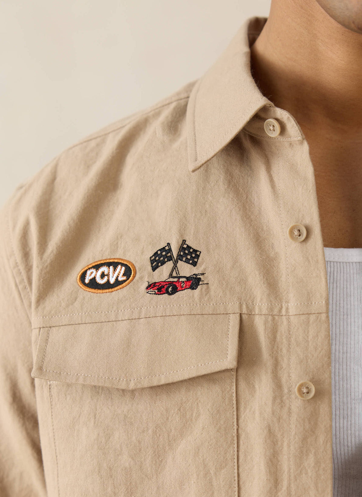 Men's Embroidered Mechanic Shirt - Cotton - Beige - Ford x Percival | Percival