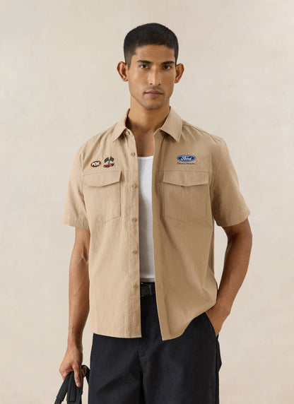 Men's Embroidered Mechanic Shirt - Cotton - Beige - Ford x Percival | Percival