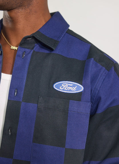 Men's Checkerboard Overshirt x Ford - Navy Blue | Percival