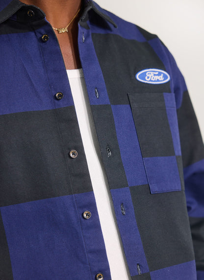 Men's Checkerboard Overshirt x Ford - Navy Blue | Percival