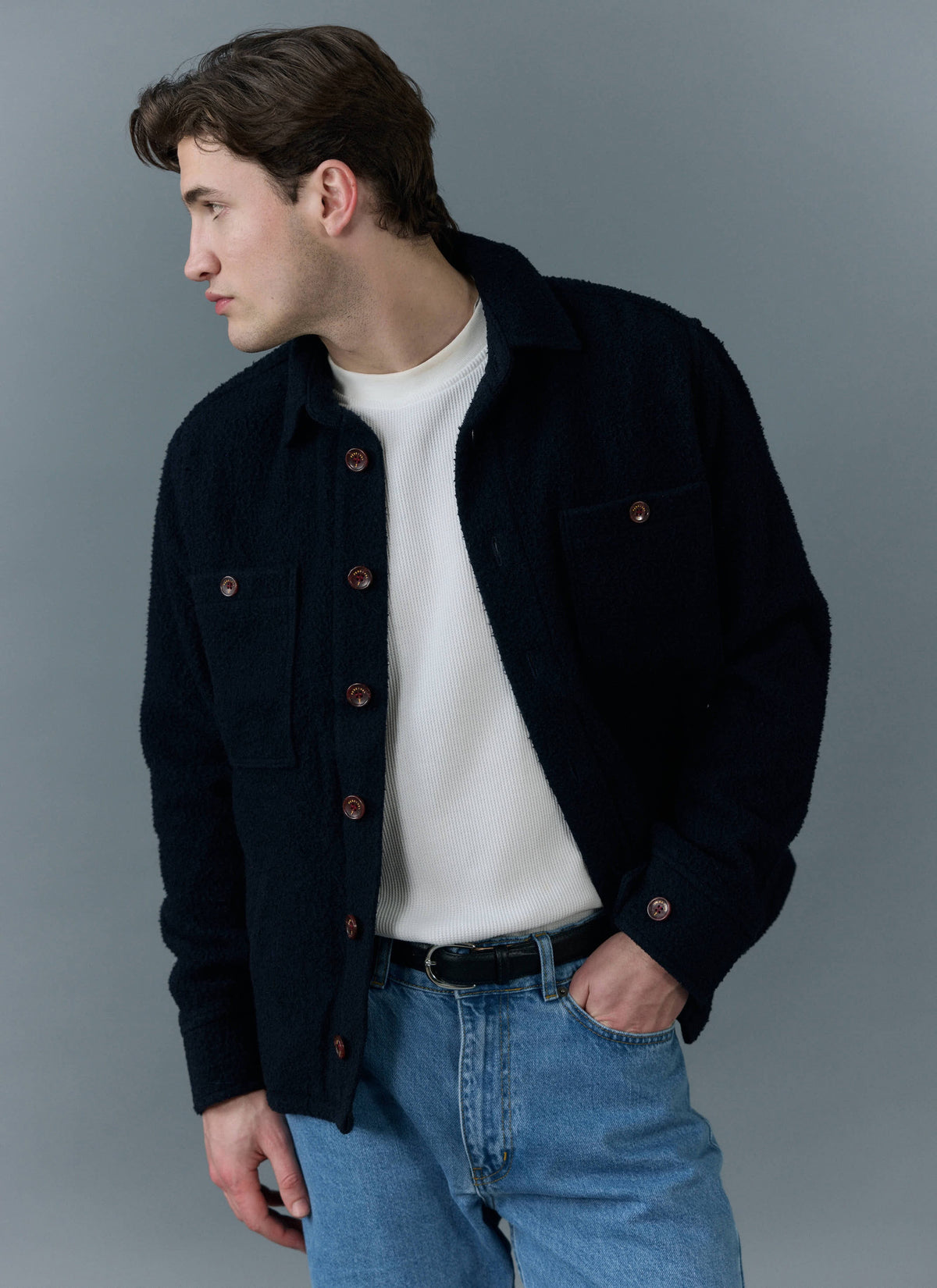 Men's Blanket Overshirt - Casentino Wool - Navy Blue | Percival