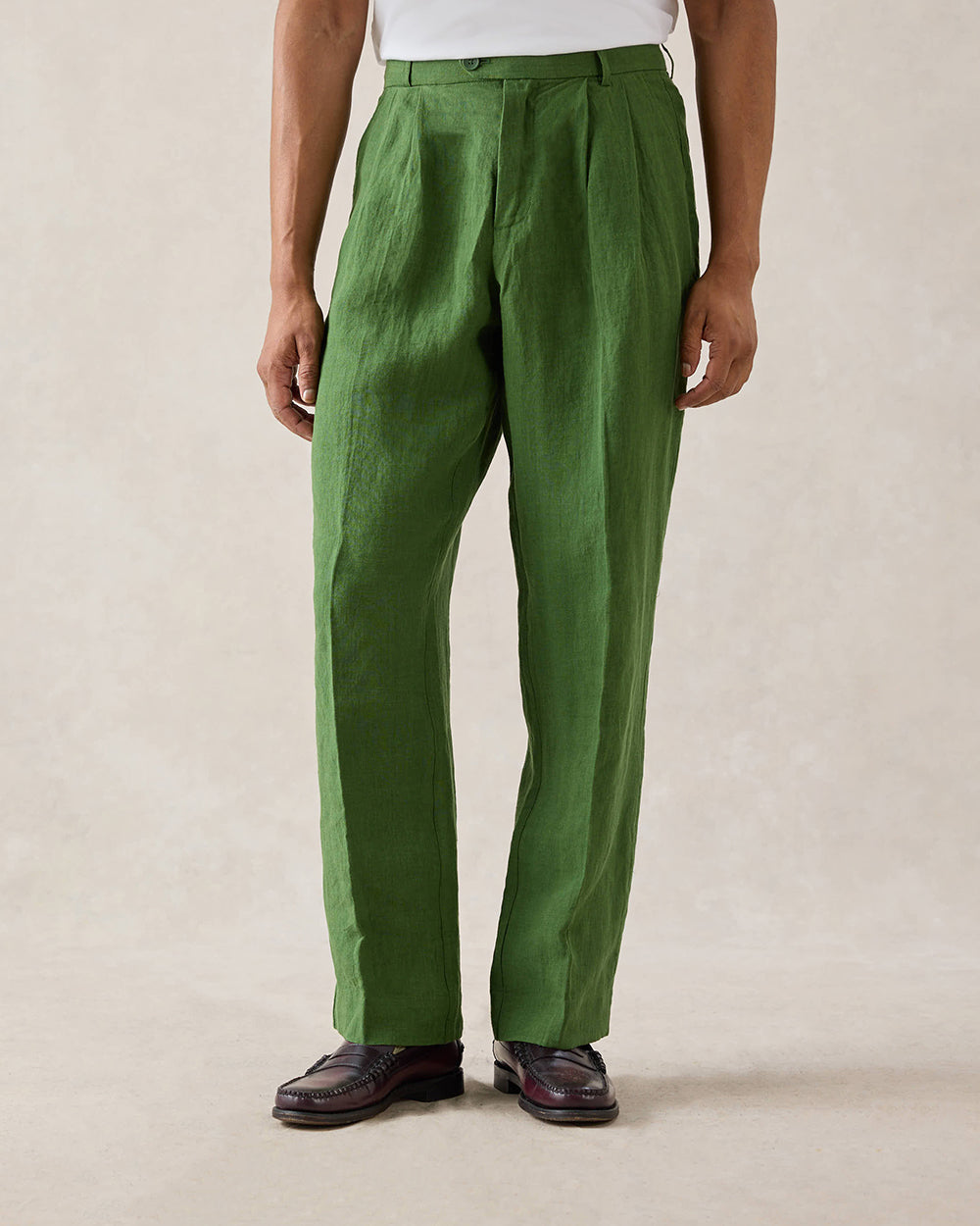 Men's Pleated Suit Trousers - Linen - Forest Green | Percival
