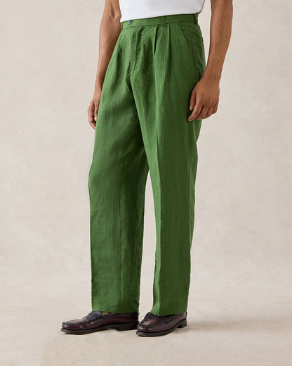 Men's Pleated Suit Trousers - Linen - Forest Green | Percival