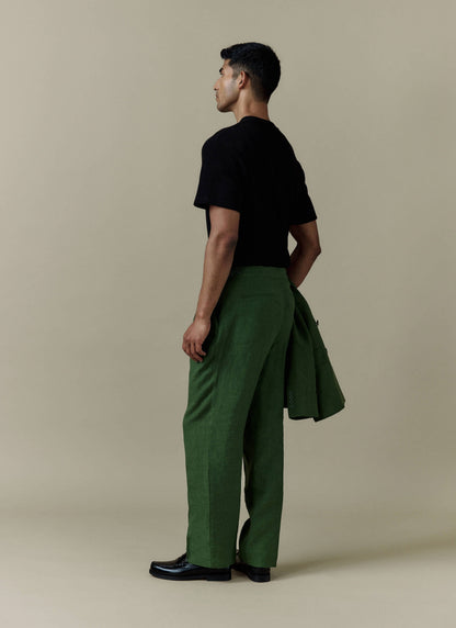 Men's Pleated Suit Trousers - Linen - Forest Green | Percival