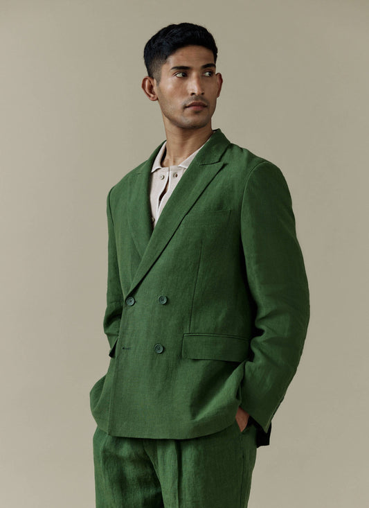 Men's Clifton Linen Double-Breasted Blazer - Forest Green | Percival