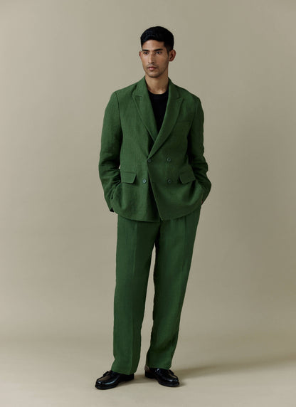 Men's Clifton Linen Double-Breasted Blazer - Forest Green | Percival