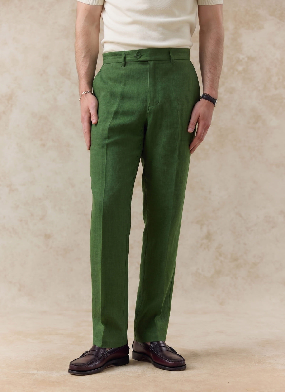 Men's Tailored Linen Trousers - Straight Leg - Forest Green | Percival
