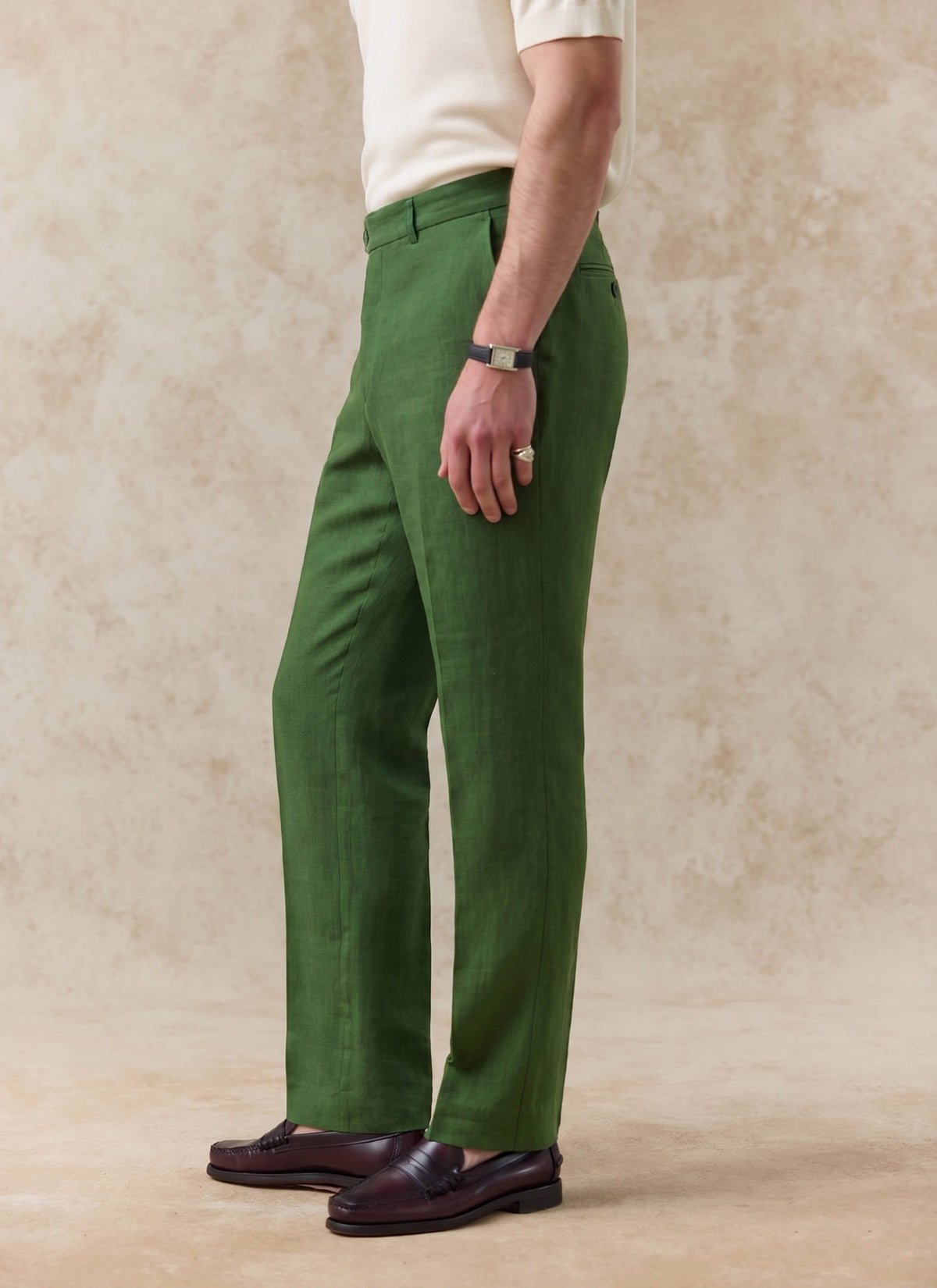 Men's Tailored Linen Trousers - Straight Leg - Forest Green | Percival